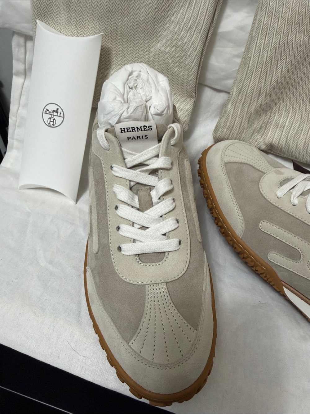 Hermes Beige and Gum Sole Suede Lace-Up Sneakers - Picture 3 of 10